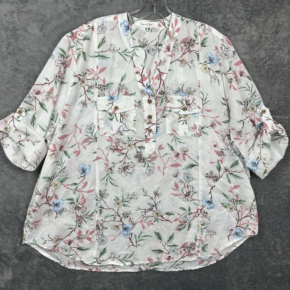 Eden and Olivia‎ Blouse Women Plus 2X White Pink Floral Cotton Roll Tab Sleeve